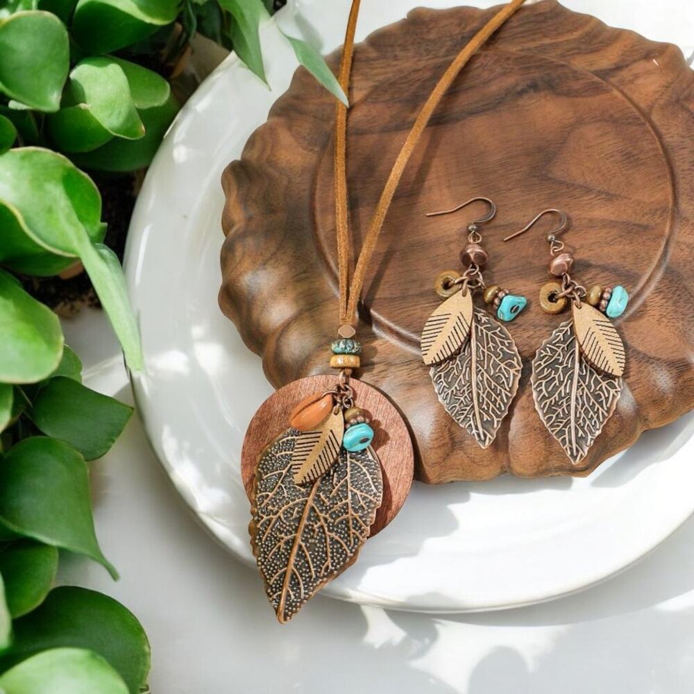 Set 3 Pcs Bohemian Vintage Coffee Geometric Leaf Metal Earrings & Necklace